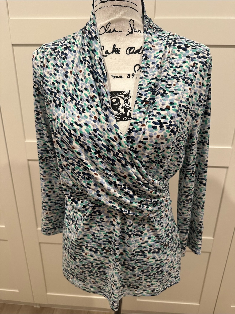 Dkny Blue, Green and Black Dotted Wrap-Front Blouse